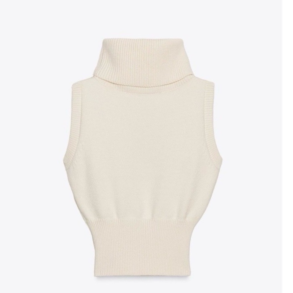 Zara Cream Sleeveless Turtleneck Ribbed Knit Top - Picture 2 of 8